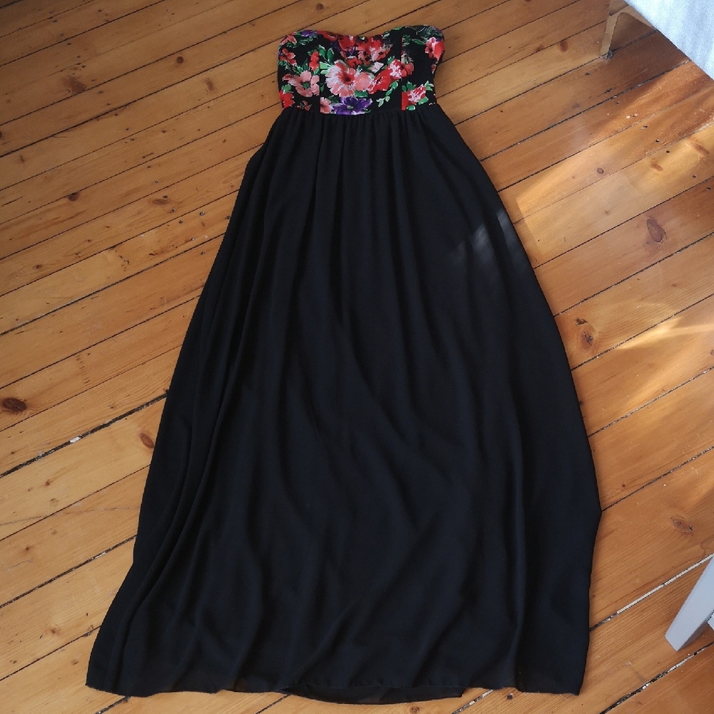 Scala Black Strapless Floral Dress, S